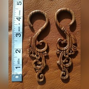 RARE zebrawood ornate brown and black hand-carved 4 guage earrings